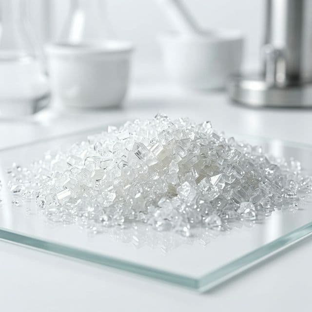 Macro close-up of pure crystalline Biotin (Vitamin B7) powder — the key coenzyme in Follicare that powers keratin synthesis for thicker, stronger hair